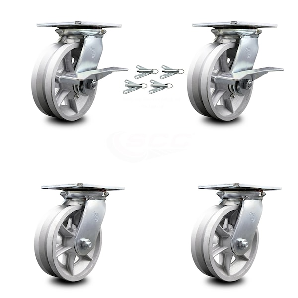 Service Caster 6 Inch V Groove Semi Steel Caster Set with Roller Bearing 4 Swivel Lock 2 Brake SCC-35S620-VGR-SLB-BSL-2-BSL-2 - main